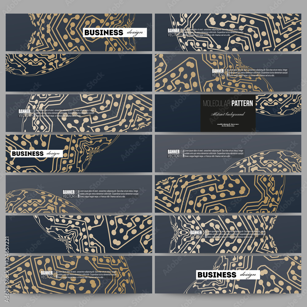 Poster set of modern banners. golden microchip pattern, abstract template with connecting dots and lines, c