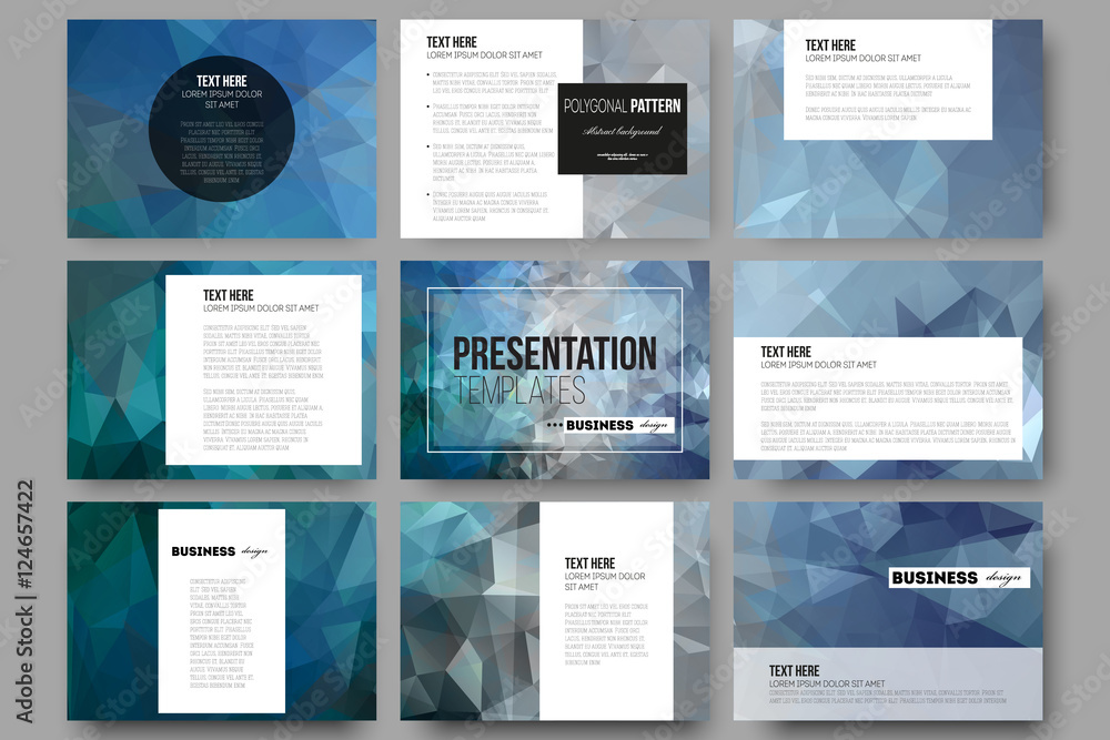 Poster set of 9 templates for presentation slides. abstract blue polygonal background, colorful backdrop, m