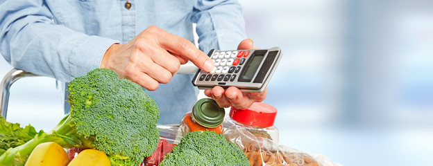 Woman hands with grocery food and calculator.