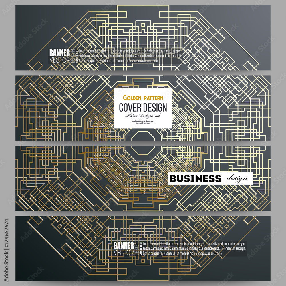 Poster set of modern banners. golden technology pattern on dark background with connecting lines and dots, 
