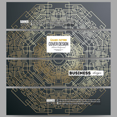 Set of modern banners. Golden technology pattern on dark background with connecting lines and dots, connection structure. Digital scientific vector
