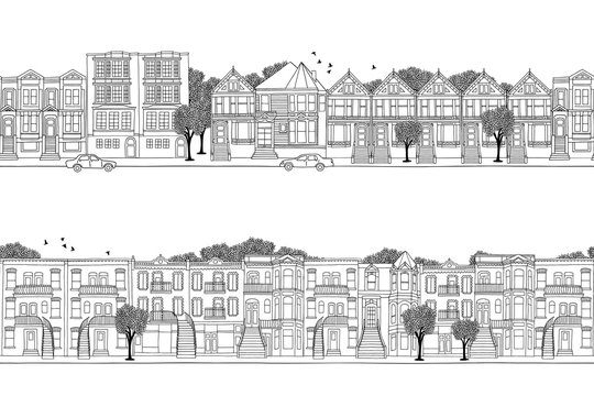 Two hand drawn seamless city banners - San Francisco and Montreal style houses, Victorian architecture in North America