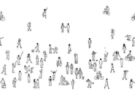 Seamless banner of tiny people, can be tiled horizontally: pedestrians, people in the street, a diverse collection of tiny hand drawn men and women walking through the city