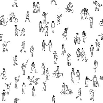 Seamless pattern of tiny people: pedestrians, people in the street, a diverse collection of tiny hand drawn men and women walking through the city