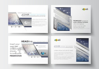 Set of business templates for presentation slides. Easy editable abstract layouts in flat design. DNA molecule structure on blue background. Scientific research, medical technology