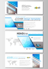 Modern social media banners, email headers. Business templates. Cover design, easy editable, flat layout in popular formats. Abstract triangles, blue triangular background, colorful polygonal vector.