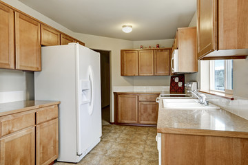 Wooden kitchen storage combination and white fridge