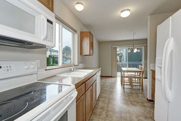 White kitchen room and dining room interior