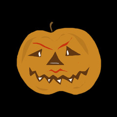 Pumpkin comical on a black background. Festive symbol of Halloween. Cheerful smiling head of a pumpkin.