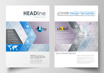 Business templates for brochure, magazine, flyer, booklet. Cover design template, abstract flat layout in A4 size. Molecule structure on blue background. Science, healthcare, medical vector.