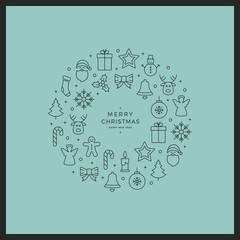 merry christmas circle line icons card green background