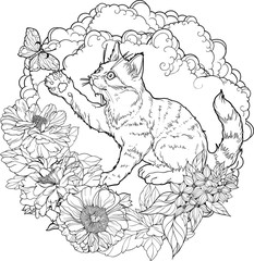Black and white illustration of cat playing with butterfly