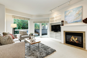 Bright white living room with artificial fireplace