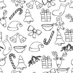 Hand drawn seamless christmas background. Black pen objects drawing. Design illustration for poster, flyer .