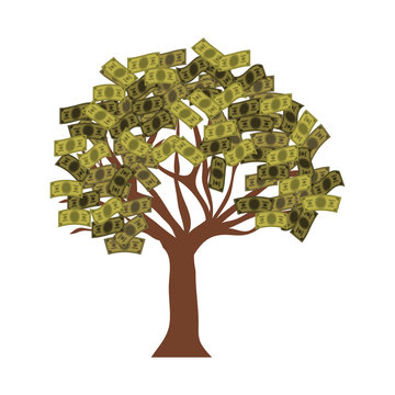 Tree With Green Money Bills And Brown Trunk Over White Background. Vector Illustration