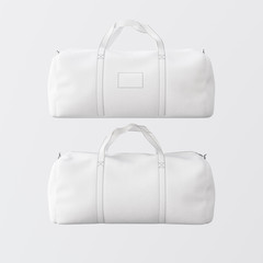 Sport fashion white bag with handles isolated at the clean background.Highly detailed texture materials in square photo.Empty mockup label on front side.Double sided mock up.3D rendering