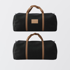 Black cotton textile sport fashion bag with brown handles isolated at white background.Empty mockup label on the front side.Double sided mock up.3D rendering