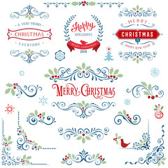 Ornate Christmas frames and swirl elements with Merry Christmas quotes and banners, snowflakes, Christmas tree, Holly Berry and bird.