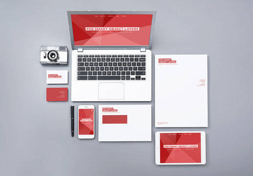Laptop, Smartphone, and Tablet with Stationery Mockup 2