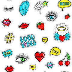 Vector hand drawn seamless pattern with fashion fun patches: eyes, lip, star, strawberry, cherry, crystal, Good vibes speech bubble. Pop art stickers, patches, pins, badges 80s-90s style