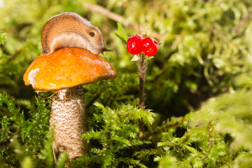 Slug on a hat of a mushroom and red berry nearby