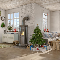 Skandinavisches, nordisches Wohnzimmer mit einem Sofa, Kamin und weihnachtlicher Deko.