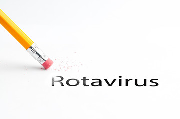 Closeup of pencil eraser and black rotavirus disease text. Rotavirus disease. Pencil with eraser.