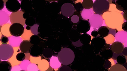 Orange yellow and pink glowing balls on black background 3d rendering