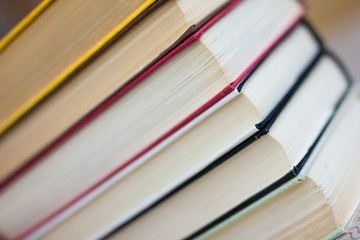 Closeup of stacked old books and textbook