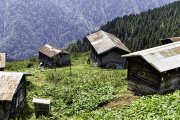 Traditional wooden Turkish house view of Pokut plateau near Senyuva, Camlihemsin, Rize, Turkey