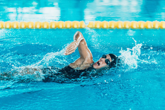 Swimmer on training . Female swimming  front crawl  in the indoor pool