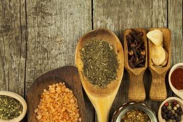 Spice in Wooden spoon. Herbs. Cinnamon and other on a wooden rustic background. Pepper. Large collection of different spices and herbs. Salt, paprika. Sale of spices.
