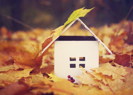 House from paper in bright yellow autumn leaves. Model of cardboard house. Concept image house. Concept of sale or purchase house
