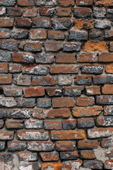 Old wall of red brick. Background, pattern, texture, vertical shot