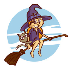 Happy Halloween. Girl in witch costume flying on broomstick