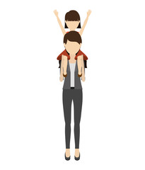 avatar woman mother carrying her daughter on her shoulders over white background. vector illustration