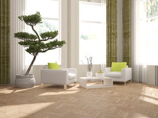 Modern interior design of living room with armchairs