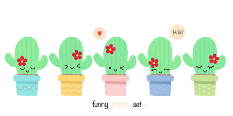 Set of cute Cactus flat style with funny faces. Succulents in pots can be used for cards, invitations or like sticker. Vector illustration.