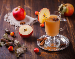 Apple cider drink,Cider with Spices ,cinnamon sticks and fresh apples.Hot drink for Autumn and Winter evenings.selective focus.