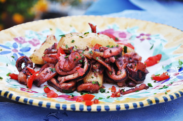Traditional Italian food “Totani e patate” with calamari and potatoes 
