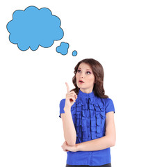 Businesswoman with word bubble on white background. Business training and strategy concept.