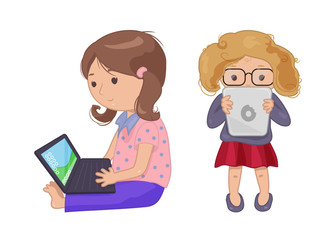 Cute young girl with computer laptop, tablet, e-book.