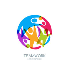 Colorful abstract happy people in circle shape. Vector logo, emblem design template. Human silhouettes or playing kids. Concept for teamwork, business training, partnership, seminar, social network.