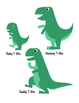 Cute Tyrannosaurus Family Dinosaur Vector Illustration, Baby T-rex, Mommy T-rex, Daddy T-rex