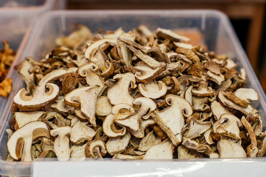 Dried porcini mushrooms. Food background. Rustic style