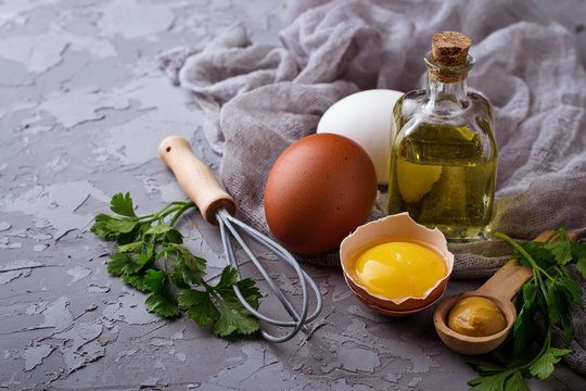 Ingredient for cooking  mayonnaise:  olive oil, eggs, mustard, l