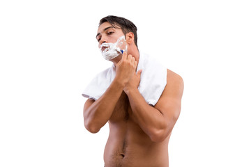 Handsome man shaving isolated on white background