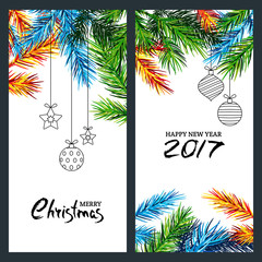 Merry Christmas and Happy New Year 2017. Set of vector banner, flyer or poster with multicolor fir branches, toys and calligraphy lettering. Design elements for invitation and greeting cards.