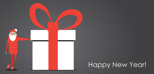 Santa leans on a big Christmas gift box. Vector illustartion
