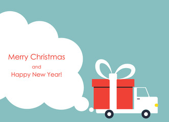 Christmas and New Year greeting card with gift delivery van with copy space. Vector illustration